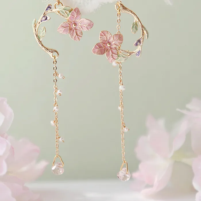 Authentic 2022 Flower Asymmetrical Dangle Earrings Shiny Rhinestone Long Tassel Cat Earring Sweet Jewelry