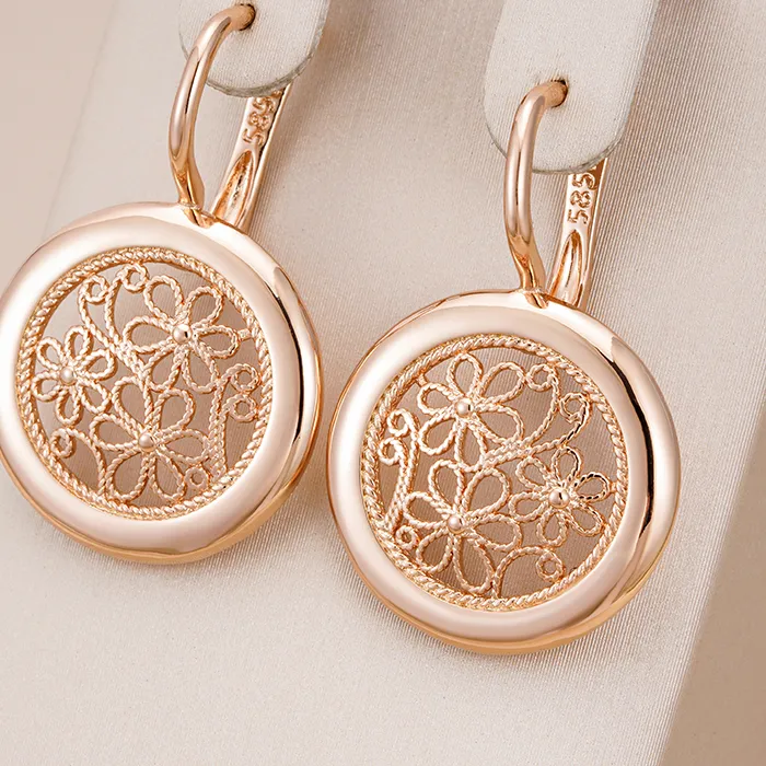 Authentic Kinel Luxury 585 Rose Gold Boho Earrings for Women Glossy Metal Flower Dangle Earrings High Quality Daily Fine Jewelry 2022