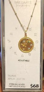 Authentic Brilliance Fine Jewelry Taurus Zodiac Charm Necklace 14k Gold Plated CZ 16in