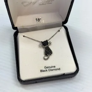 Authentic Midnight Cat Amulet – Black Diamond Guardian on 10K White‑Gold Plated Chain