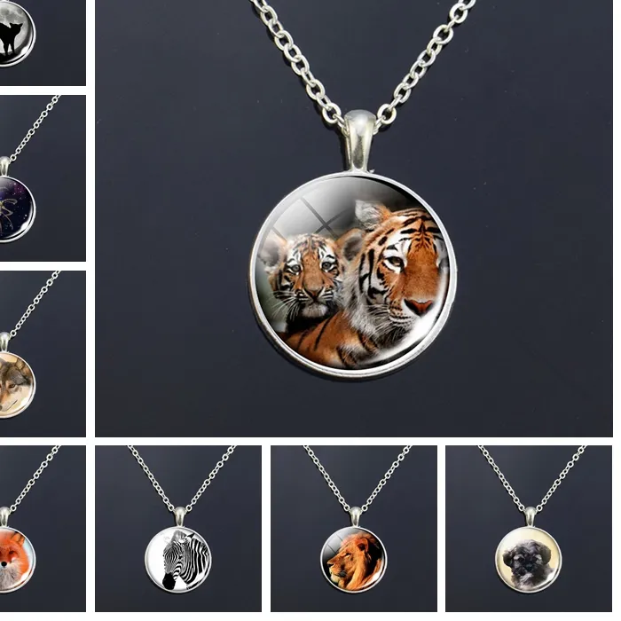 Authentic Animals Silver Plated Necklace Tiger Black Cat Wolf Fox Dog Zibra Lion Glass Cabochon Pendant Necklace