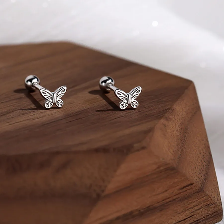 Authentic Real S999 Sterling Silver Hollow Butterfly Screw Stud Earrings Solid Silver Fine Jewelry Earrings Stud Brincos