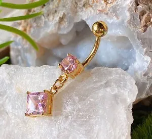 Authentic 1pc Gold Plated Diamond-Shaped Dangle Gem Belly Ring Square Navel Naval Jewelry