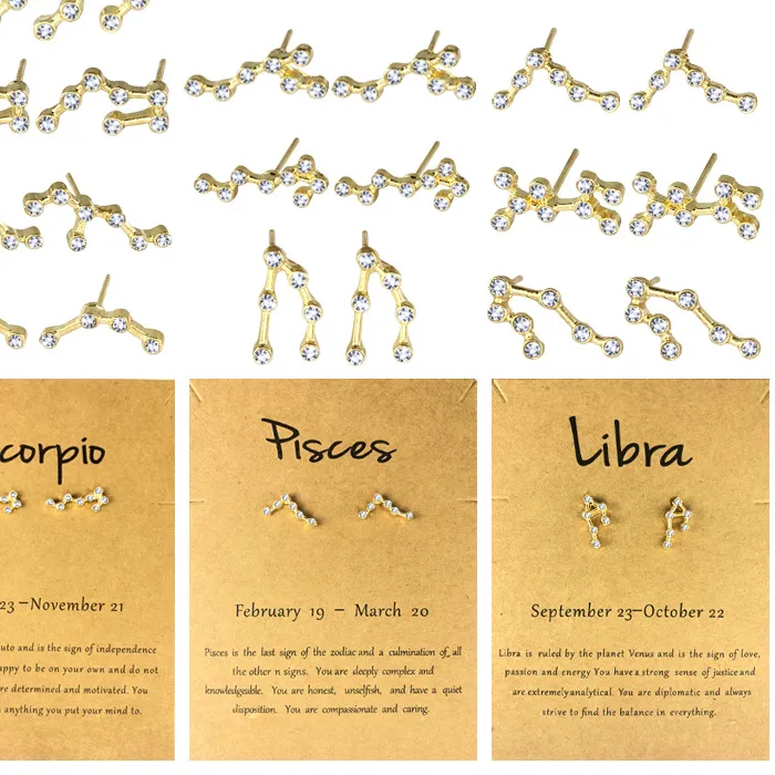 Authentic Crystal Zodiac Sign Stud Earrings For Women Gold Color Small Earrings 12 Constellation Horoscope Earring Jewelry