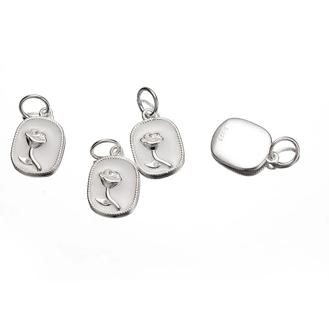 Authentic Charms 925 Silver White Rose Square Unique Elegant Necklace Pendant Handmade DIY Accessories Charms for Bracelet Plata 925