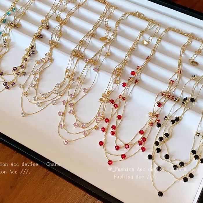 Authentic Crystal Pendant Necklace Multi Layer Layering Chain Modern Vintage Everyday Jewelry for Women