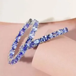 Authentic 2.50Ct Oval Cut Lab-Created Blue Tanzanite Hoop Earrings 14K White Gold Plated
