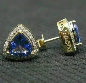 Authentic 2.50Ct Trillion Cut Tanzanite Diamond Halo Stud Earrings 14k Yellow Gold Plated