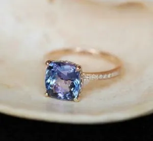 Authentic 2.50 Ct Cushion Cut Lab-Created Tanzanite Engagement Ring 14K Rose Gold Plated