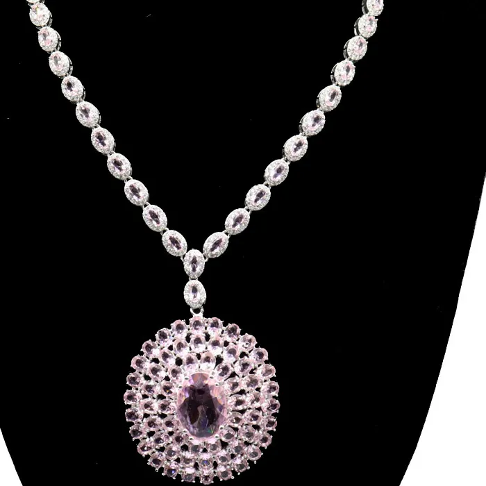 Authentic 64x42mm Big Size created Violet Tanzanite Pink Kunzite Women Engagement Silver plated Necklace 18-19inch