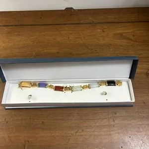 Authentic Vintage Gold Plated Multi Color Jade Link Bracelet Good Fortune&Stud Earrings