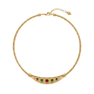 Authentic Byzantine Necklace, Gold Plated Curved Bar with Multicolor Gemstones