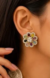 Authentic Classy Gold Plated Multicolor Floral Stud Crystal Earrings For Her