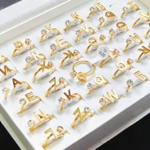 Authentic Bulk Lot 24pcs Gold Plated Letter Zircon Rings Women Charm Wedding Party Jewelry