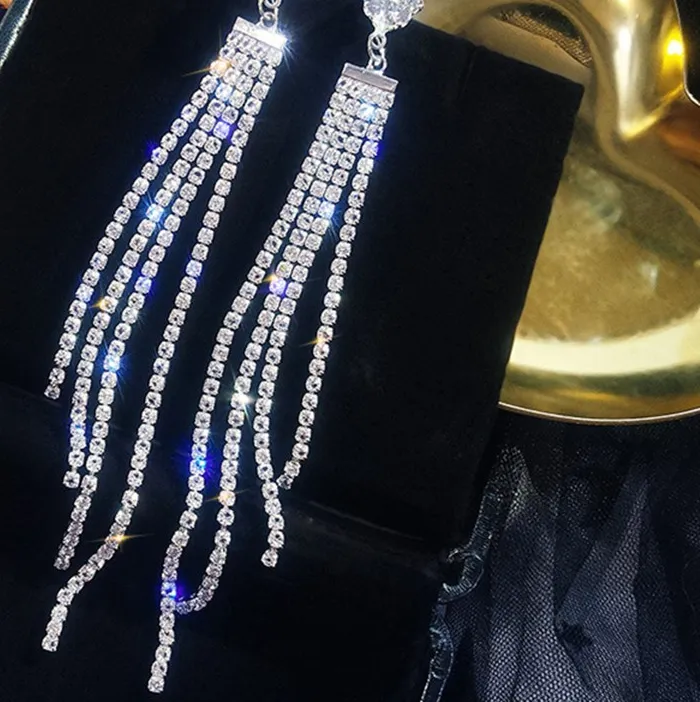 Authentic 2024 Newest Long Tassel Rhinestone Dangle Earrings Chain rhinestone ear studs for Women Wedding Drop Earing Jewelry