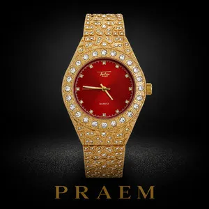Authentic PRAEM Gold Plated Iced CZ Nugget Metal Band Watch Red Dial Japanese Quartz