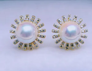 Authentic SeaShell Akoya Japanese White 8mm Pearl Sunflower DC Stud Earrings Gold Plated