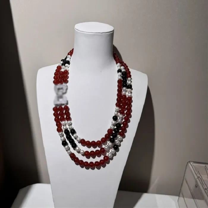 Authentic Aaa Red Jade Black Agate Japanese White Round Bead Real Pearl Necklace 3 Strands 7- 8Mm Triple