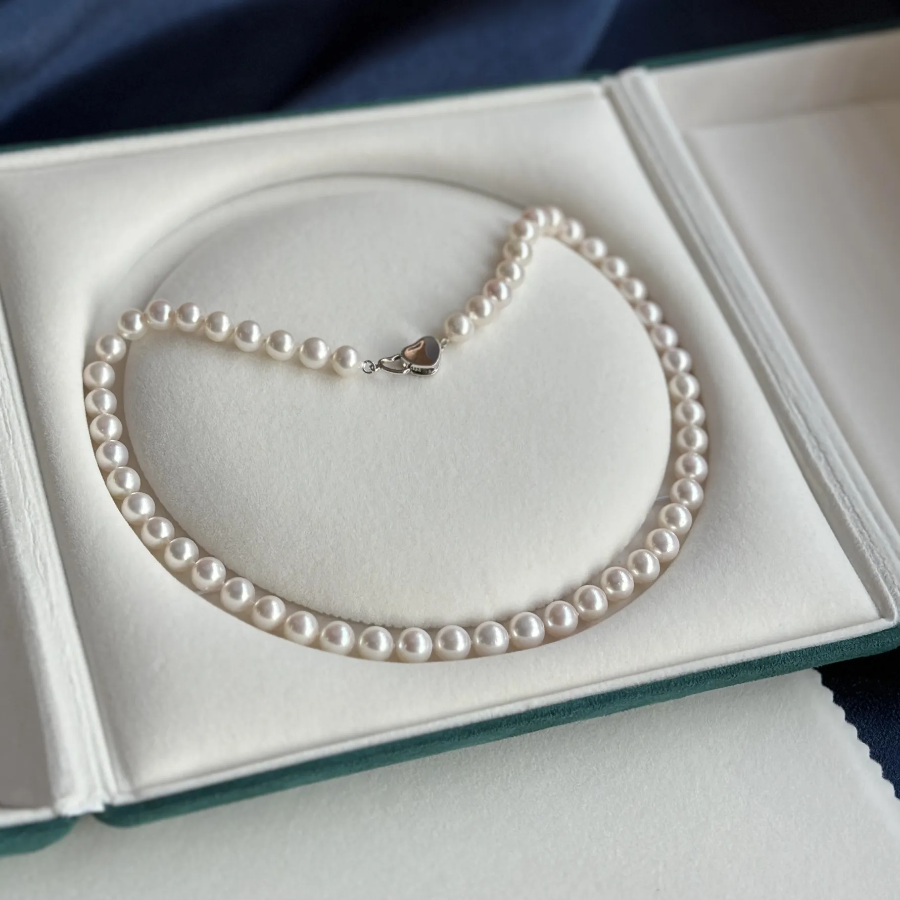 Authentic Natural Aaaa Grade 7- 8Mm 8- 9Mm 9- 10Mm Japanese Round White Pearl Necklace 925 Silver Heart- Shaped Button 18 Inch