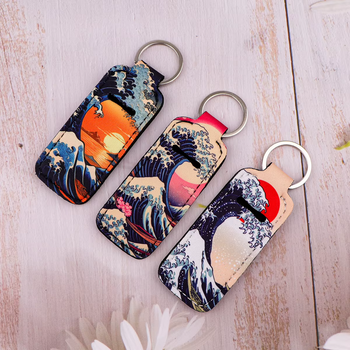 Authentic Japanese Waves Lip Balm Holder Keychain Clip On Lipstick Sleeve Holder Bag Charms Travel Accessories Women's Art Key Rings
