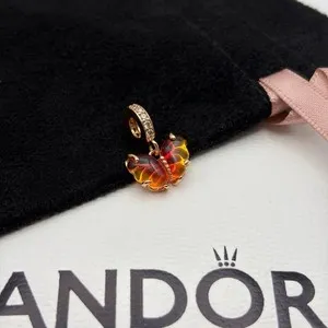 Authentic Pandora Pink and Yellow Murano Glass Butterfly Dangle 14K Rose Gold-Plated