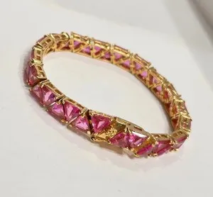 Authentic 12TCW Trillon Cut Lab Created Pink Sapphire Tennis Bracelet 14K Rose Gold Plated