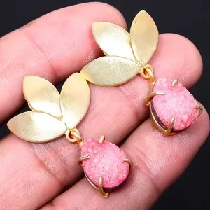 Authentic Natural Pink Titanium Agate Drusy Gold Plated Earring 1.37" E6146-3