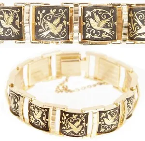 Authentic Vintage Spanish Toledo Bird Pattern Damascene Gold Plated Link Panel Bracelet