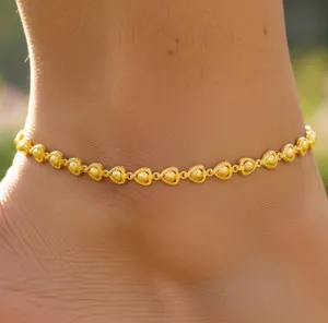 Authentic Elegant 18K Gold Plated Heart Anklet Minimalist Ethnic Pattern Gold Tone