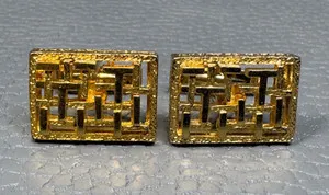 Authentic Contemporary Basket Weave Pattern Yellow Gold Plated Cuff Links