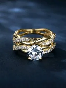 Authentic 2pc Gold-Plated Twist Pattern Rings Colorless Round CZ and Inlay Size 9