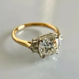 Authentic 2.50Ct Cushion Moissanite Three Stone Engagement Ring 14K Yellow Gold Plated