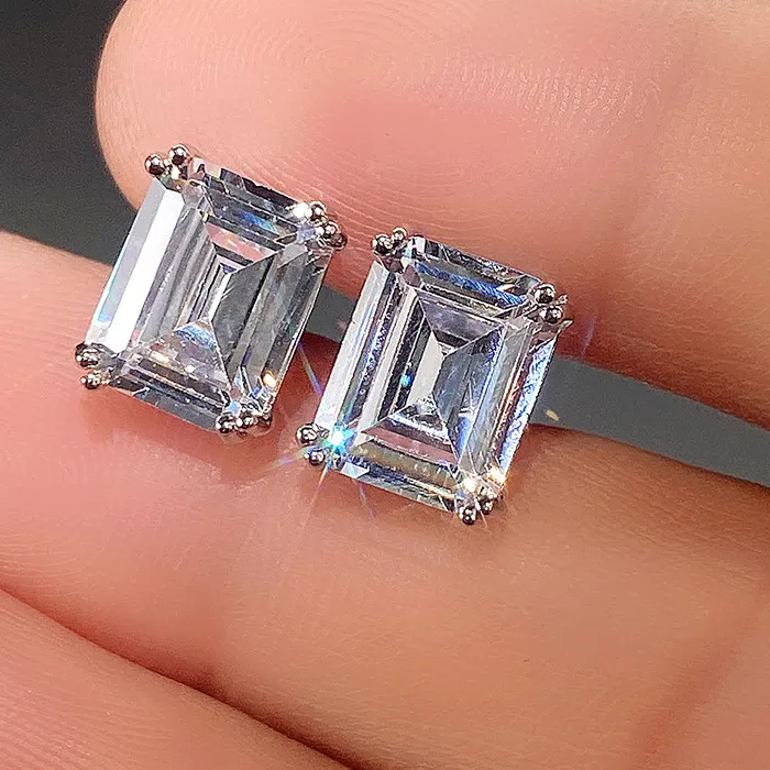 Authentic Luxury Female Crystal Zircon Moissanite Drill Earrings 925 SIlver Needle Jewelry Vintage Double Stud Earring For Women