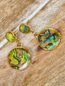 Authentic Small Gold-Plated Abalone-Style Drop Earrings - Green Iridescent Accent