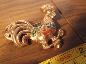 Authentic Gold Plated ROOSTER Pin, Red, Blue, & Green Stones, 2" x 1.5",