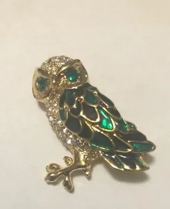 Authentic Gold Plated Dark Green Owl Brooch with Crystal Eyes and Clear Rhinestones