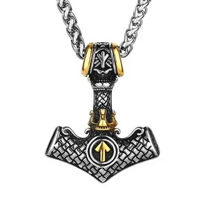 Authentic Gold Plated Viking Thors Hammer Valknut Mjolnir Pendant Necklace Mens Jewelry
