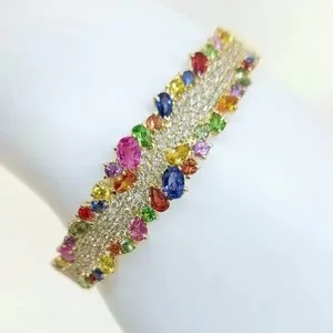 Authentic 10 Ctw Created Multicolor Sapphire Cluster Rainbow Bangle 14k Yellow Gold Plated
