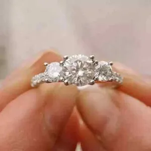 Authentic 2.50 Ct Round Cut Moissanite Three Stone Engagement Ring 14K White Gold Plated