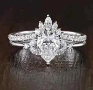 Authentic 2.50Ct Pear Cut Simulated Bridal Set Wedding Ring 14k White Gold Plated