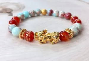 Authentic Dragon’s Fortune: Pixiu Amulet in Jasper & Agate, 24K Gold‑Plated Guardian
