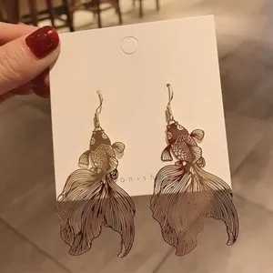 Authentic Chinese Style Personality Gold Plated Fish Metal Love Dangle Earrings