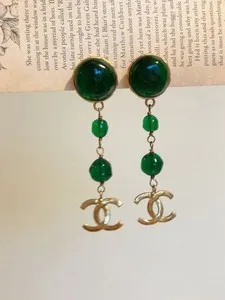 Authentic CHANEL Coco Mark CC Green Stone Dangle Long Earring Gold Plated 2606TK