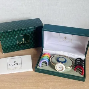 Authentic Gucci Change Bezel Gold Plated QZ White Dial Change Bezel 12 Green Box no work