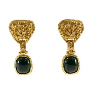 Authentic CHANEL Gripoa Earring Green stone vintage gold Plated Gold 32.2g Women