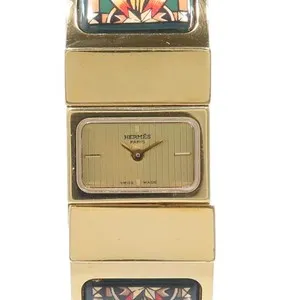 Authentic HERMES Loquet Green L01.201 Quartz Watch Gold Plated/Enamel Gold