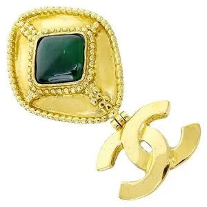 Authentic Vintage CHANEL 96A Coco Mark CC Green Gripoix Pin Brooch Gold Plated