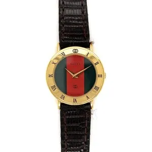 Authentic Gucci 3000L Gold-Plated Watch with Green & Red Dial and Leather Band
