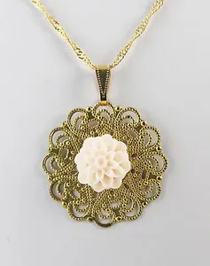 Authentic Pink Resin Peony 14mm on Disk 34mm with 18" Gold Plated Singapore Chain