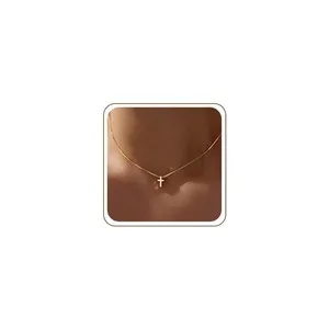Authentic Embracing Divinity's Radiance: Dainty 14K Gold Plated Cross Necklace